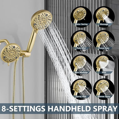 Aolemi Tub Shower Faucet Set Dual 8 Mode Head Valve Kit Brushed Gold | Valve and Trim Kit, ABS Shower Head and Handheld System, Bathroom Bath Tub Spout 6.3",SUS304,Single Handle