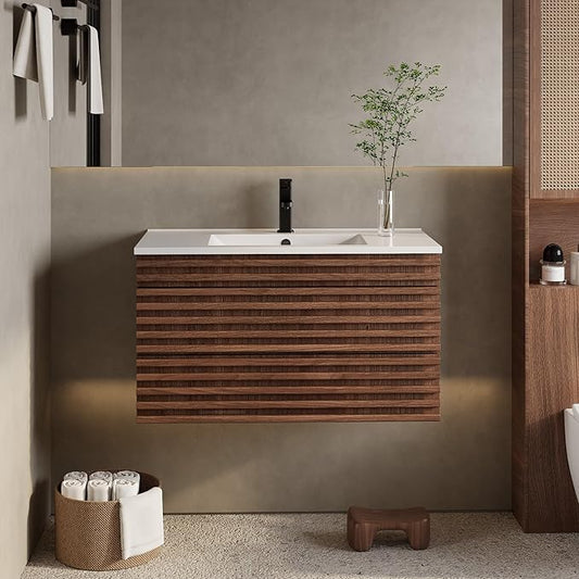 eclife 36" Floating Bathroom Vanity with Sink Combo Mid-Century Wall Mounted Cabinet with Wood Stripes Decor, Drawers, Undermount Single Sink, Faucet, Drain, Cocoa Brown