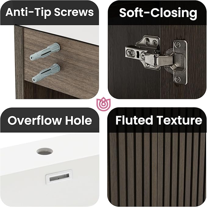 48" Bathroom Vanity with Sink Combo, Mid Century Modern Bathroom Cabinet with Doors & Open Shelf, Glossy White Integrated Sink with Overflow, Dark Grey Oak