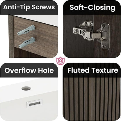72" Bathroom Vanity with Sink Combo, Mid Century Modern Bathroom Cabinet with 4 Doors & Open Shelf, Glossy White Integrated Sink with Overflow, Dark Grey Oak