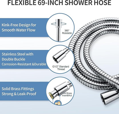 BRIGHT SHOWERS Stainless Steel Grab Bar Set – Includes Handheld Shower Head with Extra Long Hose, Shower Head and Hose Chrome Plated