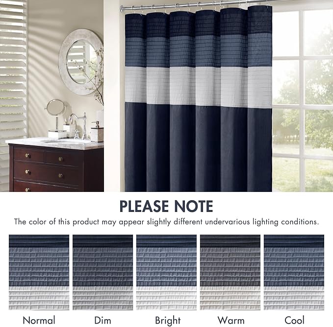 Madison Park Amherst 72 x 72 Bathroom Shower Curtain, Faux Silk, Navy | Modern Classic, Light Sheen, Pieced, Striped, Microfiber, Machine Washable, OEKO-TEX Certified, Amherst