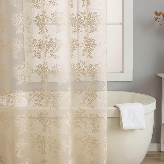 Beige Shower Curtain 72x72, Cottage Core Lace with Attached Valance | Cottage Core Shower Curtain with Scalloped, Floral lace Details, Soft Light, Antique Vintage and Boho Bathroom Decor