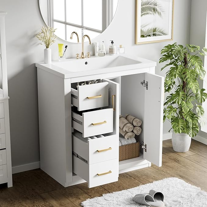 Merax Herringbone Single Sink Bathroom Vanity, Freestanding 30" Modern Bathroom Vanity Storage Cabinet with 3 Drawers and 2 Doors, Solid Wood Frame