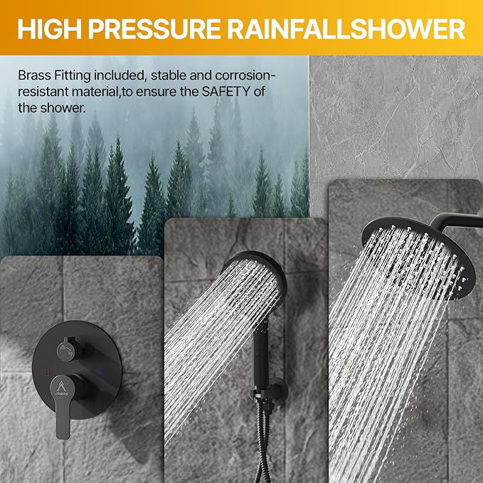 Shower Faucet Set 12IN Brass Rough-In Valve Body Trim Kit Rainfall Included Handle Accessories Complete 2 Functions with Rain Head and Handheld Bathroom Systems (12'', Matte Black)