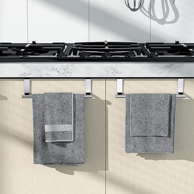 Over Cabinet Towel Bar, Stainless Steel Towel Holder, Silver, 2 Pack | No-drill Over Cabinet Towel Rack, Rustproof Stainless steel, Scratch-resistant Foam Pads, Fits Doors Up to 0.8"