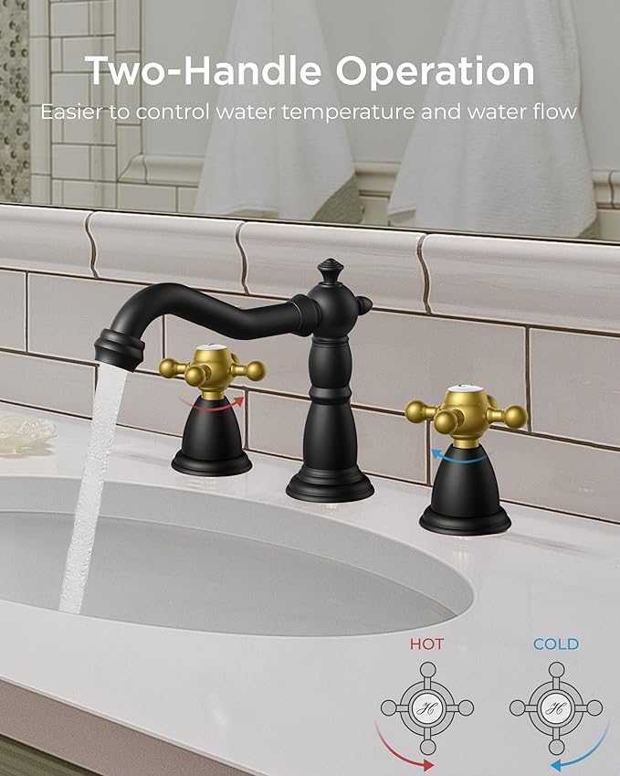 FORIOUS Matte Black and Gold Brass Antique Vintage Bathroom Faucet with Metal Pop Up Drain and 24" Water Hose for 3 Hole 8 Inch Widespread Bathroom Sink Farmhouse Vanity