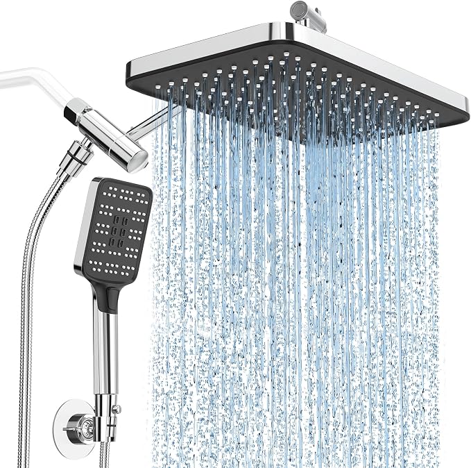 High Pressure Rain Shower Head with Handheld Spray Combo Set, Adjustable 12" Rainfall Dual Shower Head, Double&Tandem Shower Head, Waterfall Showerhead Bathroom -Silver Chrome