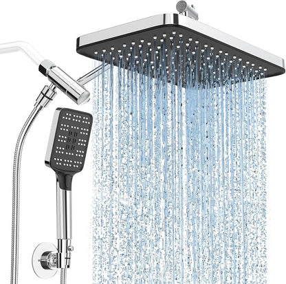 High Pressure Rain Shower Head with Handheld Spray Combo Set, Adjustable 12" Rainfall Dual Shower Head, Double&Tandem Shower Head, Waterfall Showerhead Bathroom -Silver Chrome