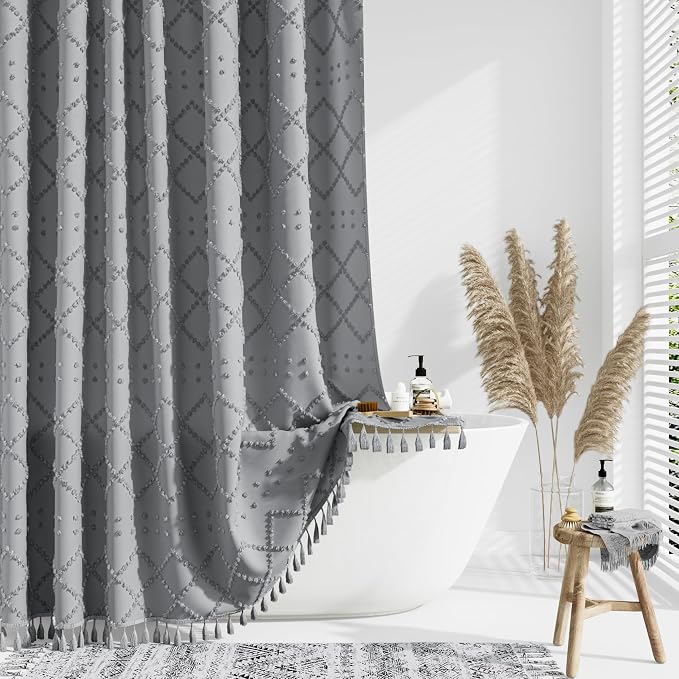 Extra Long Boho Shower Curtain Tufted Geometric 72"x96" Grey | 96 Inch Tall, Elegant Tassel, Lightweight Textured Fabric, Water Repellent, Washable, Hotel Spa, for Bathroom/Dorm 12 Hooks