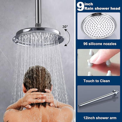 Antique Brass Shower System, 9" & 6" Dual Rain Heads and Handheld Spray Vintage Fixtures, 3-Function Dual Knob Valve with Separate Temperature Control, Chrome