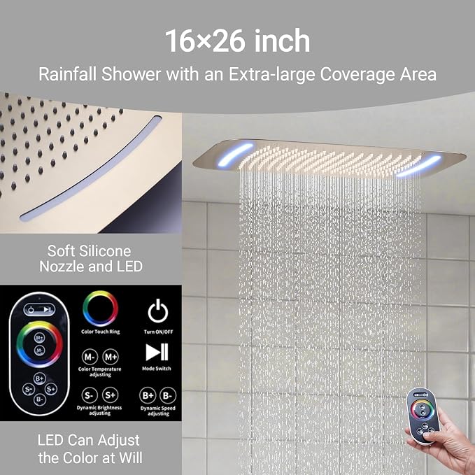 16X26 inch Rainfall Shower System Brushed Gold Shower Faucet Set | Temperature Display Shower Faucet with 6 Body Jet, 8 inch Wall Mounted Shower Head and Handheld Set