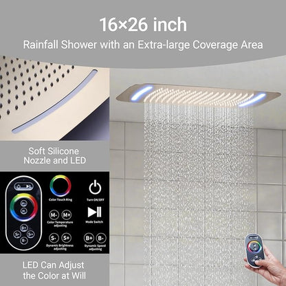 16X26 inch Rainfall Shower System Brushed Gold Shower Faucet Set | Temperature Display Shower Faucet with 6 Body Jet, 8 inch Wall Mounted Shower Head and Handheld Set