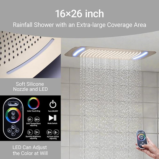 16X26 inch Shower System Brushed Gold Shower Head and Handle Set | Temperature Display Shower Faucet with Dual 8 inch Shower Head, 6 Body Jet, Handheld Shower, 5 Functions Can All Run Together