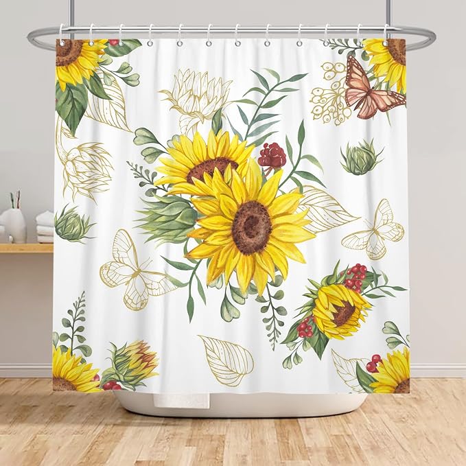 AWERT Vibrant Sunflower Shower Curtain for Bathroom,Waterproof Fabric Plants Shower Curtain with Hooks 60x72 inch