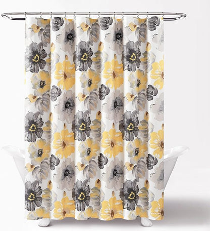 Lush Decor Leah Floral Shower Curtain, 72" W x 84" L, Yellow/Gray - Fabric Shower Curtains - Watercolor Botanical Bathroom Curtain - Farmhouse & French Country Decor