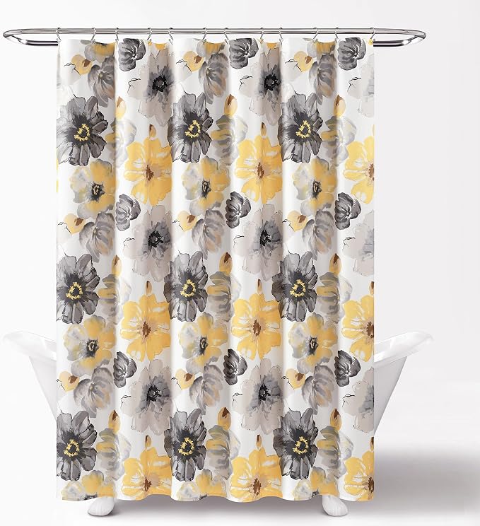 Lush Decor Leah Floral Shower Curtain, 72" W x 72" L, Yellow & Gray - Fabric Shower Curtains - Watercolor Botanical Bathroom Curtain - Farmhouse & French Country Decor