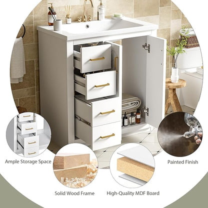 Merax Herringbone Single Sink Bathroom Vanity, Freestanding 30" Modern Bathroom Vanity Storage Cabinet with 3 Drawers and 2 Doors, Solid Wood Frame