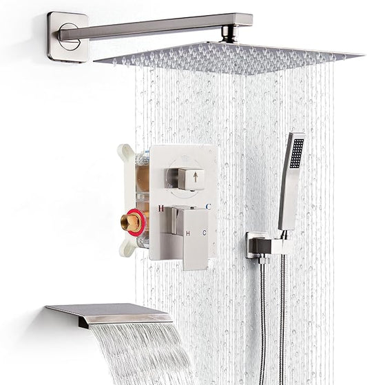 Shower Faucet Set with Tub Spout, Brushed Nickel Rainfall Shower System Complete Wall Mounted for Bathroom with 12 Inch Square Shower Head and Handheld Shower Head Rain Mixer Combo Set
