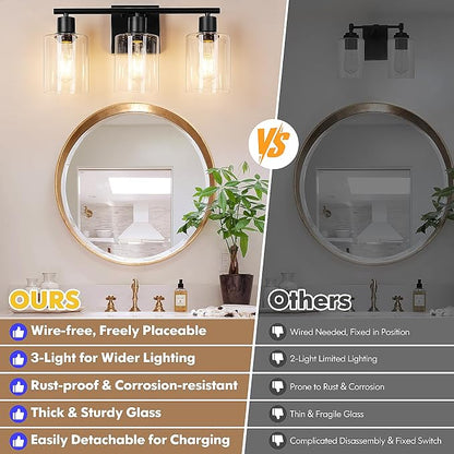 Battery Operated Wall Sconce, 3-Light Black Wireless Rechargeable Vanity Light Fixture with Remote & Bulbs, Dimmable Modern Indoor Non-Hardwired Wall Mounted Lamp for Bedroom, Living Room, Bathroom
