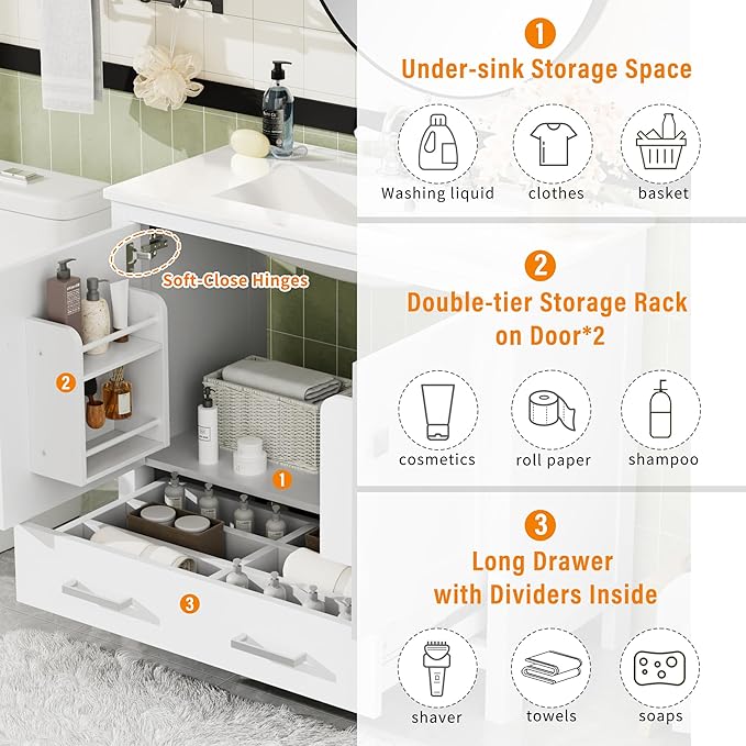 72" White Bathroom Vanity with Double Sink, 72 Inch Bathroom Vanity Set with Double Vanities (Separate), 2 Bathroom Vanities with Sink, Storage Shelf, and Divided Drawers (Mirror not included)