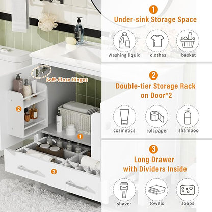 72" White Bathroom Vanity with Double Sink, 72 Inch Bathroom Vanity Set with Double Vanities (Separate), 2 Bathroom Vanities with Sink, Storage Shelf, and Divided Drawers (Mirror not included)