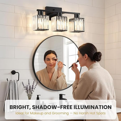 Crystal Bathroom Light Fixtures, 3-Light Matte Black, Vanity Lights for Bathroom Over Mirror, Modern Bath Wall Sconce for Mirror Bedroom Living Room