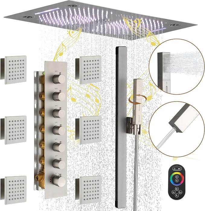 CASAINC 27x16 Inch Thermostatic Shower System Luxury 6 Functions Full Body Shower System with Sliding Rod 2 in 1 Handheld, LED & Music (Brushed Nickel)