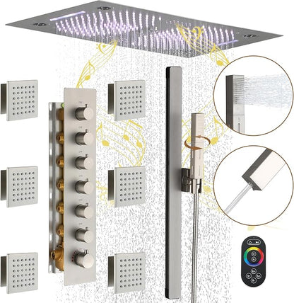 CASAINC 27x16 Inch Thermostatic Shower System Luxury 6 Functions Full Body Shower System with Sliding Rod 2 in 1 Handheld, LED & Music (Brushed Nickel)