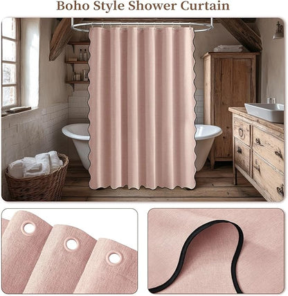 BTTN 90 Inch Long Shower Curtain, Boho Scalloped Linen Textured Heavy Duty Fabric Shower Curtain Set with Hooks, Tall Modern Cute Waterproof Washable Shower Curtains for Bathroom, 72x90, Blush Pink