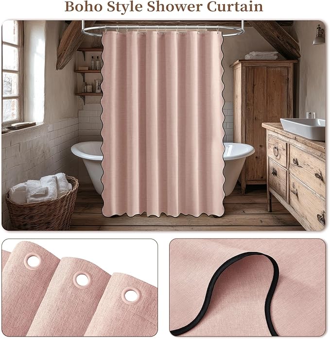 BTTN Extra Long Shower Curtain, 72x84 Scalloped Boho Linen Textured Heavy Duty Cloth Shower Curtain Set with Hooks, Tall Modern Cute Decorative Waterproof Fabric Shower Curtain for Bathtub, Blush Pink