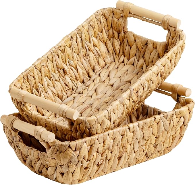 StorageWorks Small Storage Basket, Seagrass Woven Basket for Gifts | Wicker Storage Baskets for Shelves, Baskets with Wooden Handles, 2-Pack Gifts Basket for Home Decor, Hand-Woven Basket
