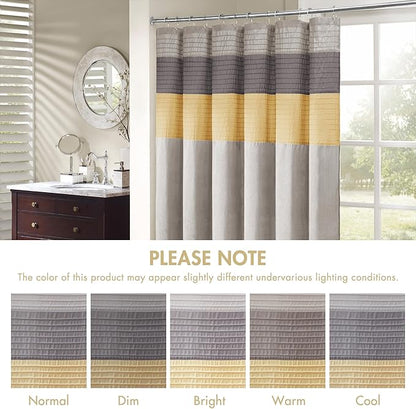 Madison Park Amherst Bathroom Shower Curtain Faux Silk Pieced Striped Modern Microfiber Bath Curtains, 72x84 Inches, Yellow