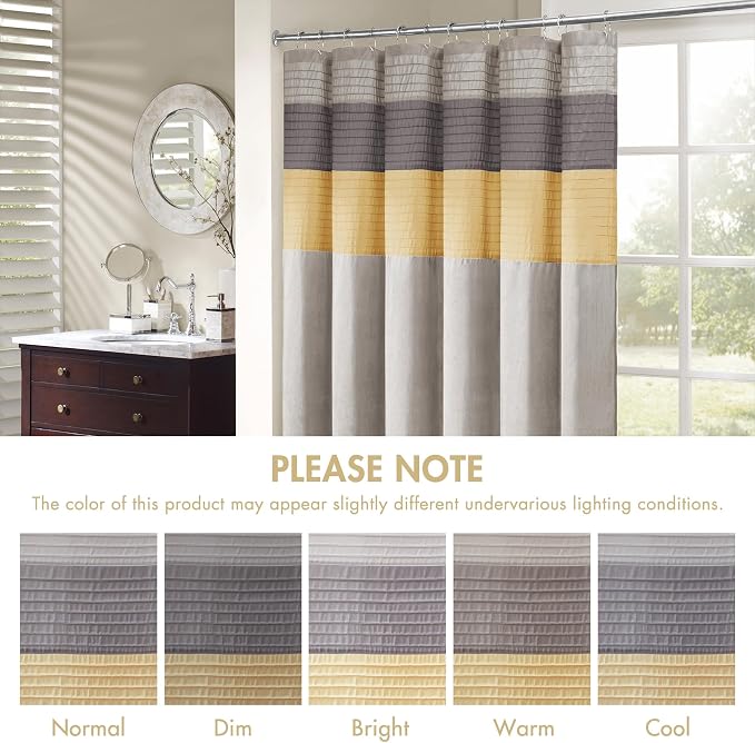Madison Park Amherst 72 x 72 Bathroom Shower Curtain, Faux Silk, Yellow | Modern Classic, Light Sheen, Pieced, Striped, Microfiber, Machine Washable, OEKO-TEX Certified, Amherst