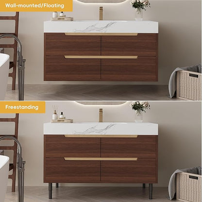 35.4" Freestanding Bathroom Vanity with Sintered Stone Countertop and Ceramic Basin Sink, Modern Bathroom Cabinet with 4 Soft Closing Drawers, Hidden Handle, Powder-Coated Metal Legs, Walnut