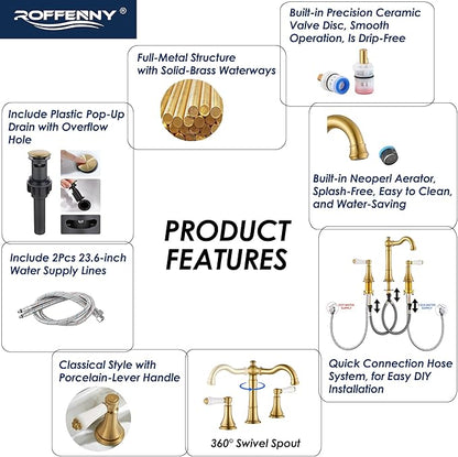 Porcelain Brushed Gold Bathroom Faucet 8 inch Widespread for 3 Holes with Plastic Pop-Up Drain & 2Pcs Water Supply Lines, Classical 2-Handle Gold Vanity Sink Faucets, 360° Swivel Brass Spout