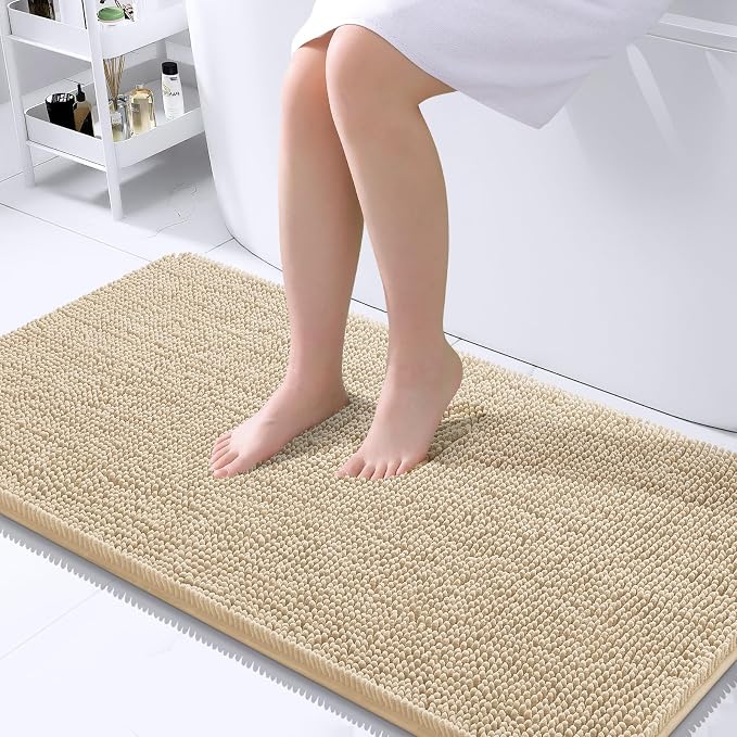 OLANLY Bathroom Runner Rugs 40x24, Extra Soft Absorbent Chenille Bath Rugs | Beige, Quick-Drying Rubber Backing, Machine Washable Long Bath Mat for Bathroom Floor, Tub and Shower, Home Decor Accessories