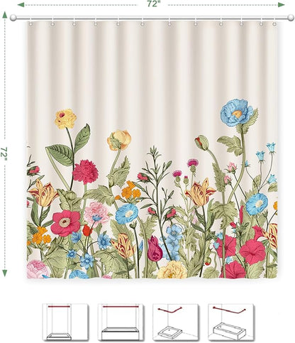 Vintage Floral Shower Curtain, Retro Wildflowers Shower Curtain 72x72 | Botanical Chic Flowers Shower Curtain for Bathroom with 12 Hooks, Waterproof Farmhouse Home Rustic Bathroom Decor