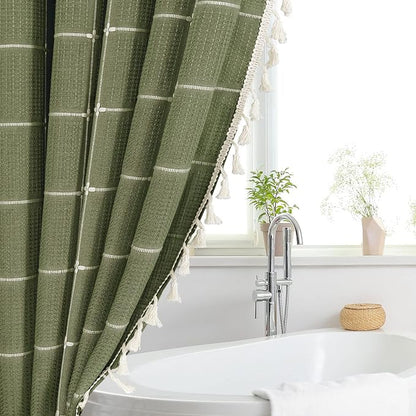 Extra Long Boho Farmhouse Shower Curtain for Bathroom 72x84 | Extra Long French Country Plaid Tassel Shower Curtain, Rustic Aesthetic Bathroom Decor Windows Curtain, Green