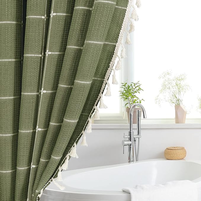 Small Stall Boho Farmhouse Shower Curtain for Bathroom 36x72 | Narrow Half French Country Plaid Tassel Shower Curtain, Rustic Aesthetic Bathroom Decor Windows Curtain, Green