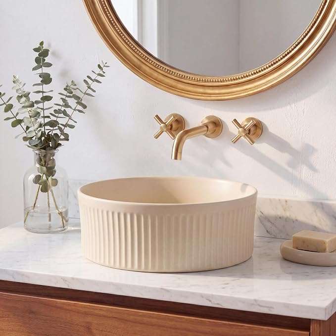 JONATHAN Y Element 14.75" Round Fluted Vessel Sink, Matte Beige | Ceramic, Above Counter Vanity Basin, 5.25" Height, 1.75" Drain Hole, Stain Resistant Glaze, Modern Minimalist Style
