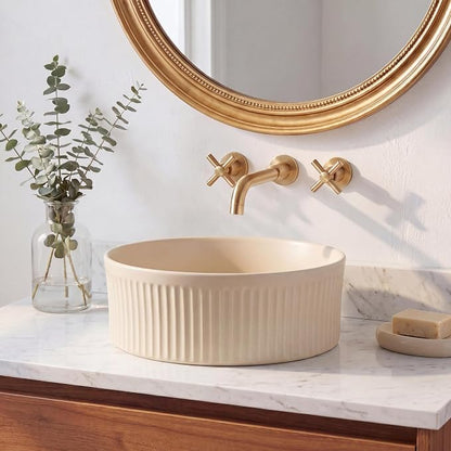 JONATHAN Y Element 14.75" Round Fluted Vessel Sink, Matte Beige | Ceramic, Above Counter Vanity Basin, 5.25" Height, 1.75" Drain Hole, Stain Resistant Glaze, Modern Minimalist Style