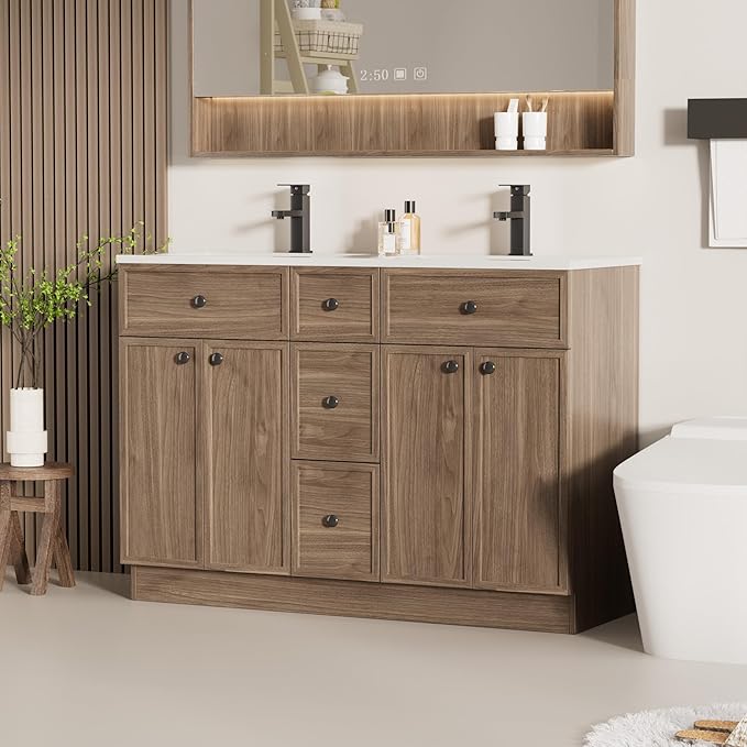 LUCKWIND 48" Bathroom Vanity Sink Combo, Modern Bathroom Cabinet with Double Undermount Solid Surface Vanity Sink, Soft-Close Hinges & Water-Saving Faucet, Taupe