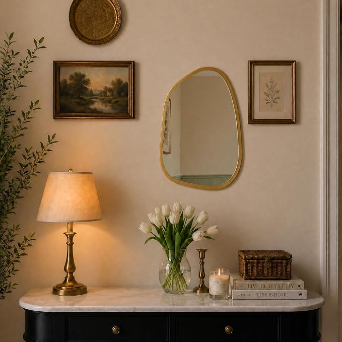 PERFNIQUE Irregular Wall Mirror Asymmetrical Mirror, 16''x12'' Small Gold Mirror for Bathroom Bedroom Living Room Entryway, Decorative Modern Wall Decor, Wall Mounted (Gold, 16''x12'')