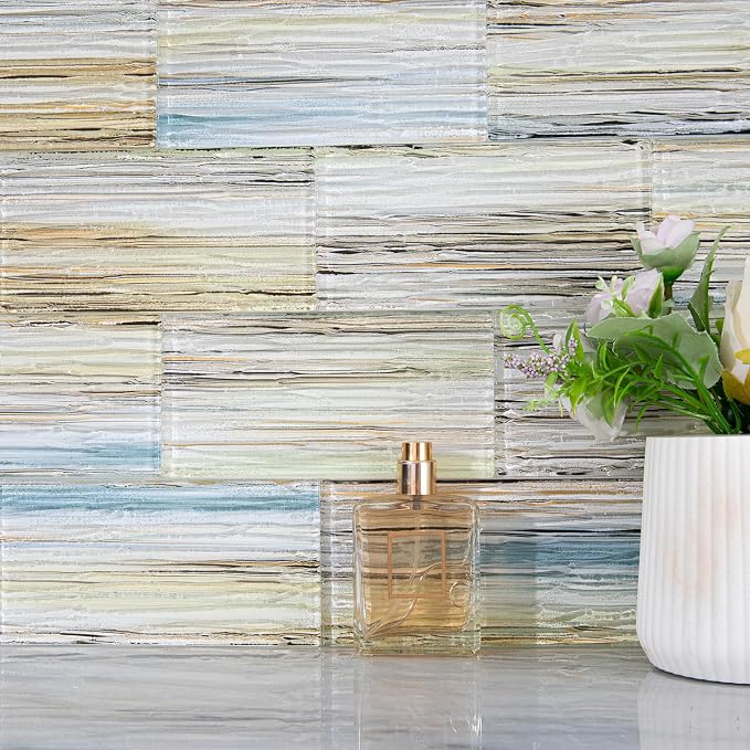 Glass Subway Tile, 3x6 Inch Glass Tile for Kitchen Backsplash Bathroom Shower Wall Sunshine Beach (40 Pcs 5 sq.ft)
