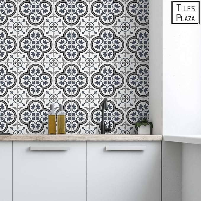 The Tiles Plaza Encaustic Peel and Stick Backsplash, Blue and White Patterned Vintage Stick on Tile, Stone Composite Self-Adhesive Wall Tile Sticker for Kitchen Bathroom Fireplace Stairs, 10 Sheets