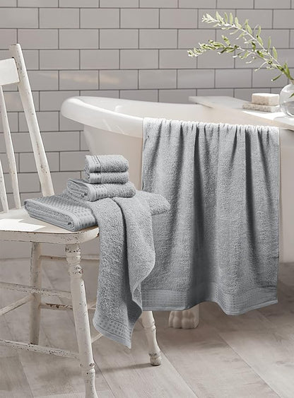 GLAMBURG 100% Cotton Ultra Soft 6 Pack Towel Set, Contains 2 Bath Towels 28x55 Inches, 2 Hand Towels 16x24 Inches & 2 Wash Coths 12x12 Inches, Compact Absorbent Lightweight & Quickdry - Light Grey