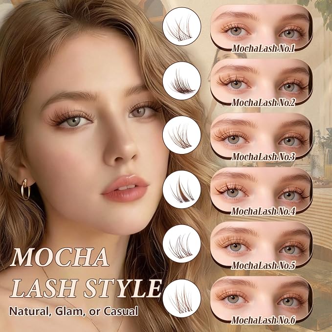 B&Q Brown Lash Clusters, Mocha C Curl Natural Look, 144 Pcs | Brown lash clusters C curl 8-16mm, soft natural look, versatile for all hair colors, DIY daily wear work wedding party travel