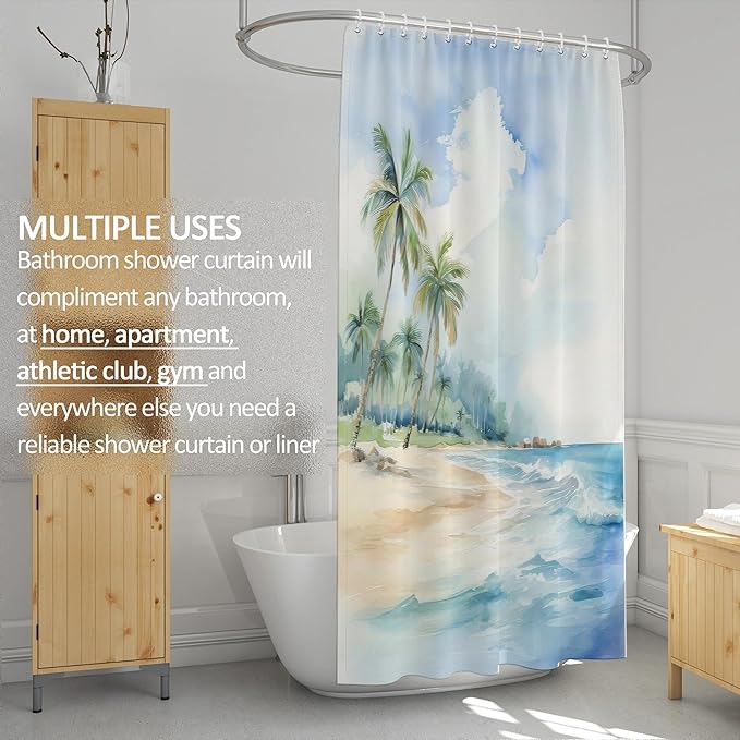 Sea Beach Shower Curtain for Bathroom,Blue Tropical Coastal Waterproof Polyester Shower Curtains,Funny Ocean Theme Bathroom Decor,72x72 Inch