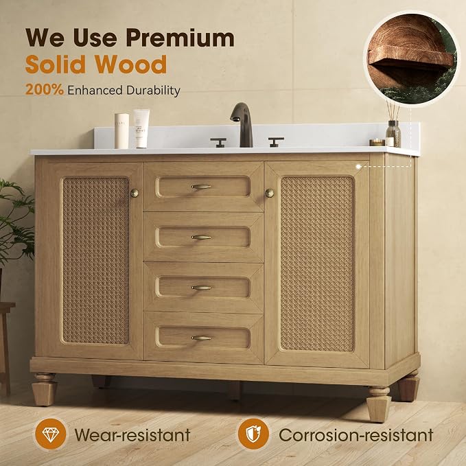 48 Inch Bathroom Vanity with Sink, Light Oak | Fully Pre-Assembled, Solid Wood Bathroom Cabinet, Marble Countertop & Backsplash, Soft Closing 2 Doors & 3 Drawers